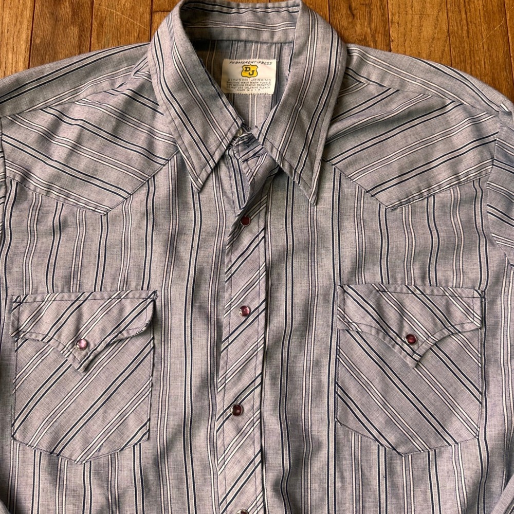 Vintage 70s Dickson Jenkins Western Shirt Mens L Pearl Snap Striped Blue Cowboy